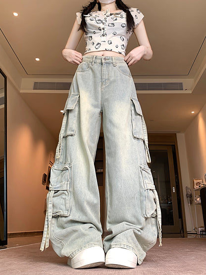 Women's Blue Multi Pocket Cowboy Pants Cargo Y2K Japanese Harajuku Streetwear Aesthetics Retro 90S Jeans Pants Clothing 2025 New