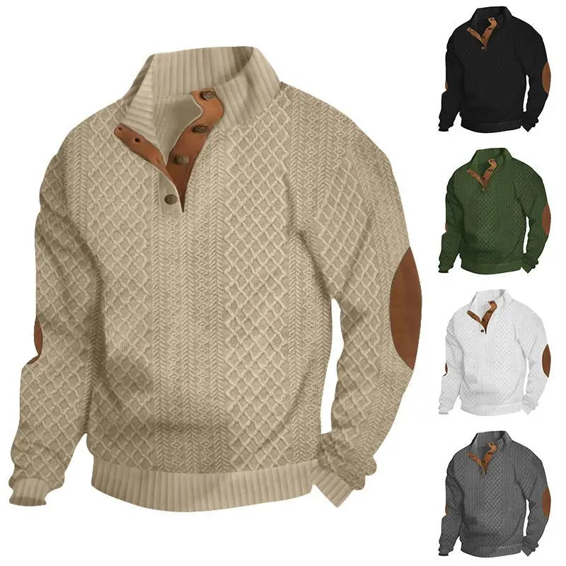 Men's Waffle Knit Quarter Zip Pullover with Contrast Trim and Elbow Patches Casual Long Sleeve Sweater