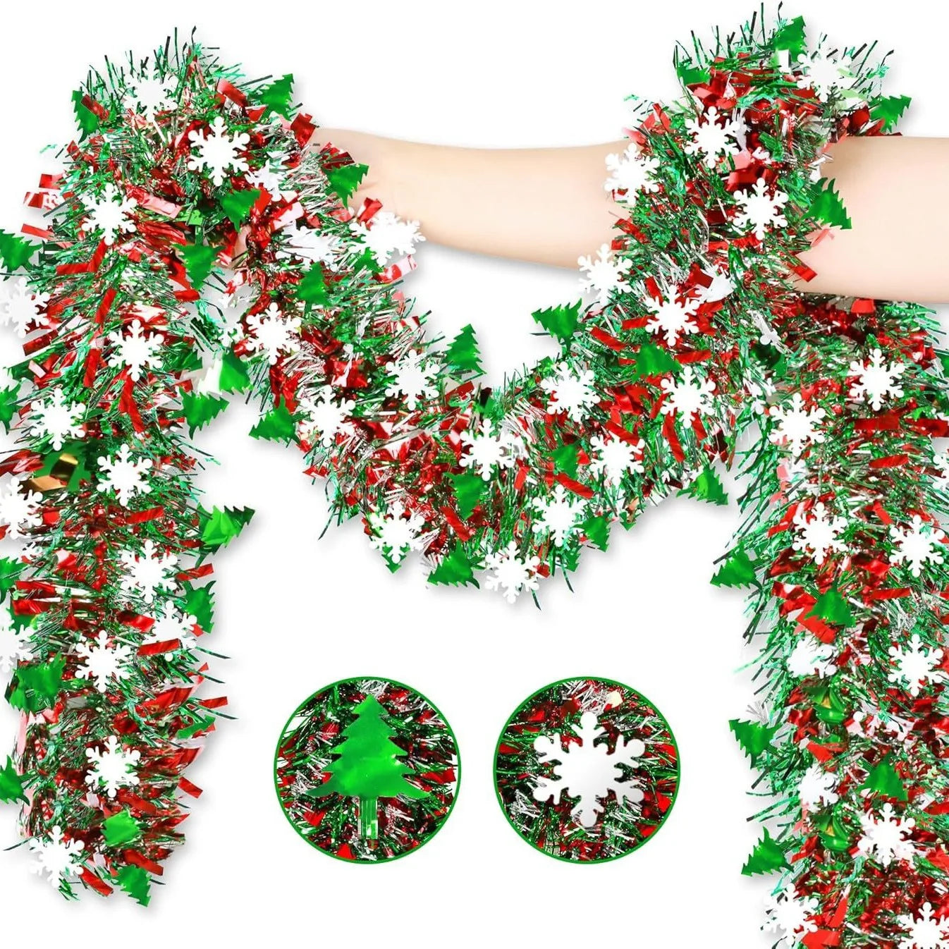 Christmas Tinsel Garland - 2 Meter Metallic Twist Snowflake Garland for Xmas Tree Decoration