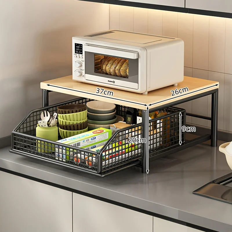 Kitchen Microwave Rack – Solid Wood Metal Storage Shelf With Drawer, Space-Saving Organizer