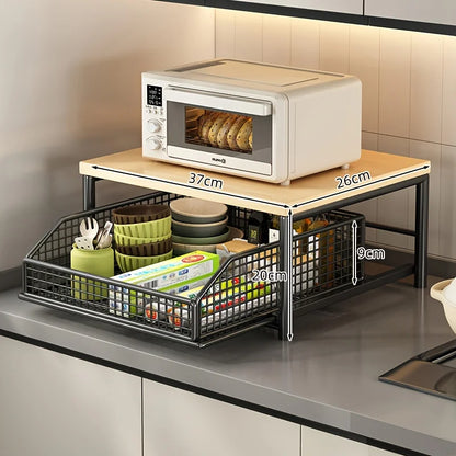 Kitchen Microwave Rack – Solid Wood Metal Storage Shelf With Drawer, Space-Saving Organizer