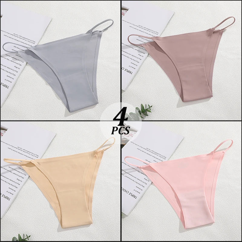 4PCS/Set Seamless Thin Strap Thong Underwear Women Low Rise Briefs Ice Silk Comfortable Panties Multi Color No Trace Lingerie