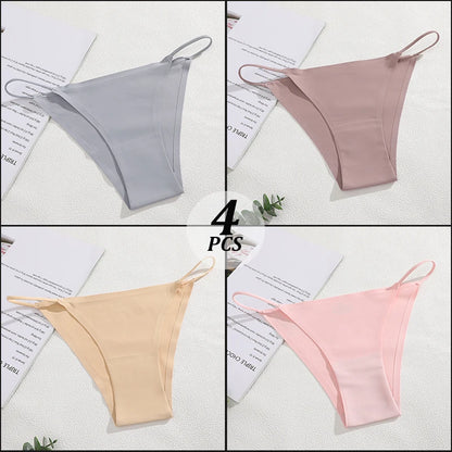 4PCS/Set Seamless Thin Strap Thong Underwear Women Low Rise Briefs Ice Silk Comfortable Panties Multi Color No Trace Lingerie