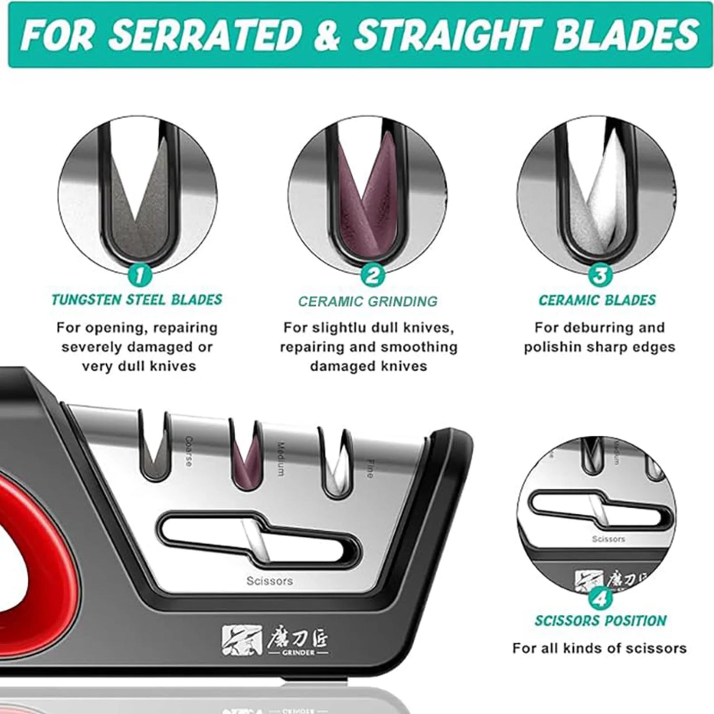 4 In 1 Knife Sharpener - Professional Kitchen Sharpener With Diamond, Tungsten & Ceramic Rods