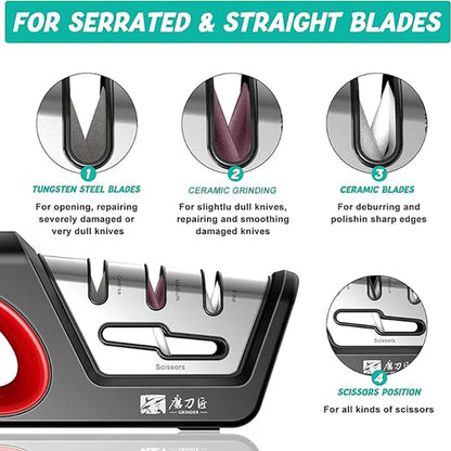 4 In 1 Knife Sharpener - Professional Kitchen Sharpener With Diamond, Tungsten & Ceramic Rods