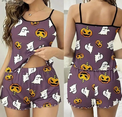 Halloween Pumpkin Print Pajama Set Womens Cute Ribbed Cami Crop Top and Shorts Two Piece Sleepwear Lettuce Hem Y2K Loungewear