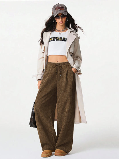 Women's Retro Corduroy Cargo Pants Casual Drawstring Straight Sports Pants Drape Daily Commuting Wide Leg Pants
