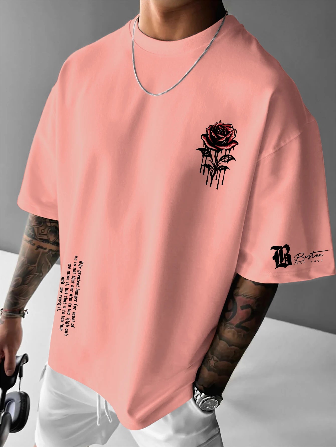 Men's Boston Gothic Rose Graphic Print T-shirt Oversized 100% Polyester American Streetwear Short Sleeve Tops S-XXL