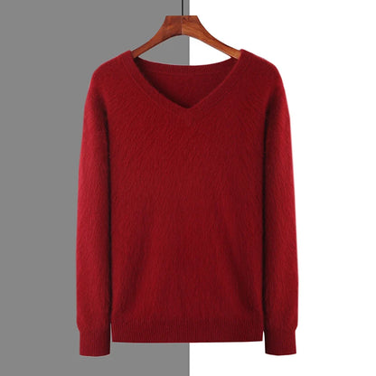 Men's 100% Pure Mink Cashmere Sweater V-neck Pullover Knit Bottoming Shirt Autumn And Winter New Long-Sleeve High-End Mink Tops