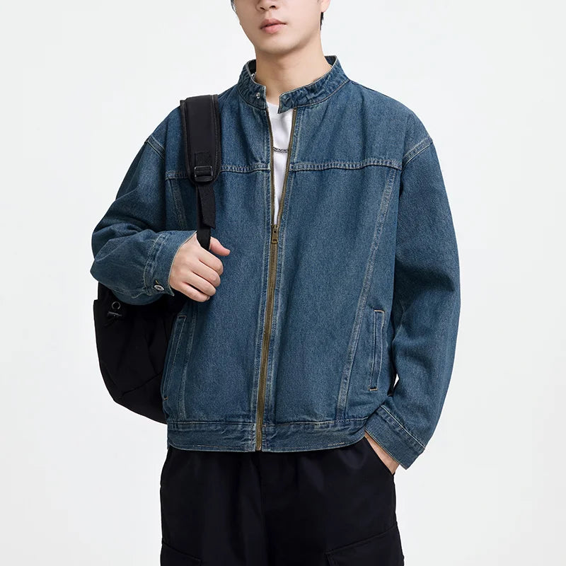 Men's Casual Non-Stretch Denim Jacket High Street Style Zipper Loose Workwear Jacket Plus Size Trendy Streetwear Top