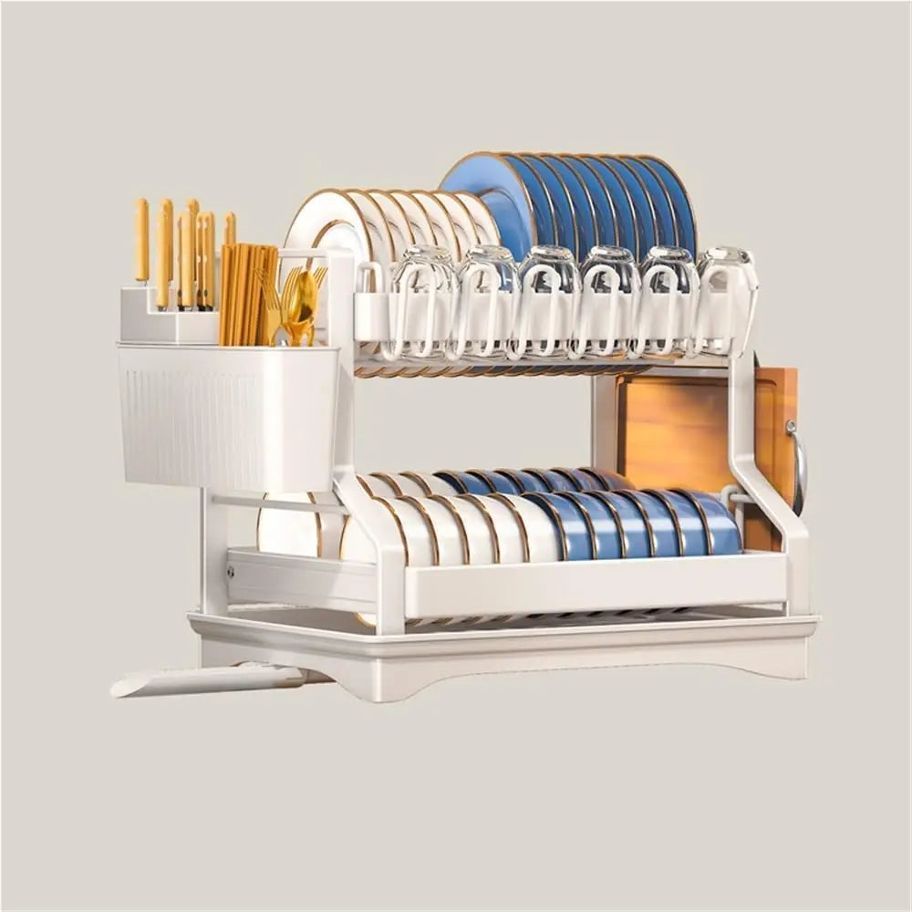 2-Tier Dish Drying Rack - Large Carbon Steel Kitchen Dish Rack with Drainboard & Utensil Holder