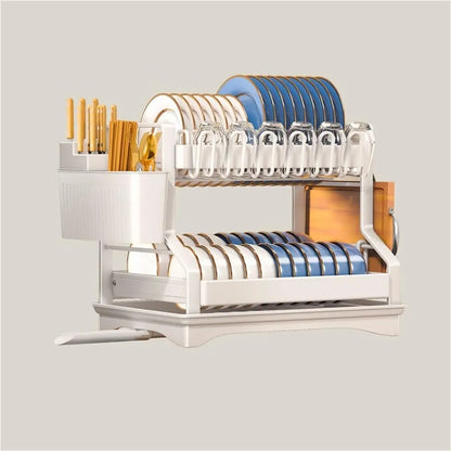 2-Tier Dish Drying Rack - Large Carbon Steel Kitchen Dish Rack with Drainboard & Utensil Holder