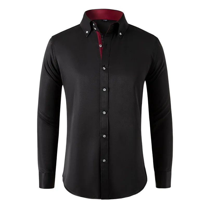 Solid color shirt men's crystal button long sleeved pointed collar light luxury men's business casual men's wear