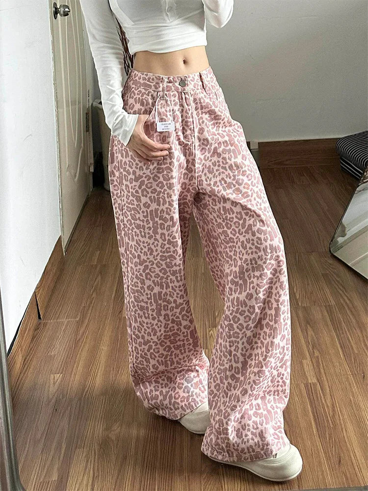 Pink Leopard Print Wide Leg Jeans Women Summer 2026 Loose Slimming Drapey Floor-Length Straight Cut Design Sensation
