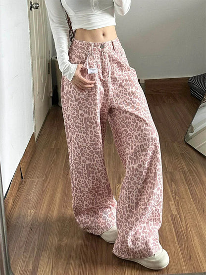 Pink Leopard Print Wide Leg Jeans Women Summer 2026 Loose Slimming Drapey Floor-Length Straight Cut Design Sensation