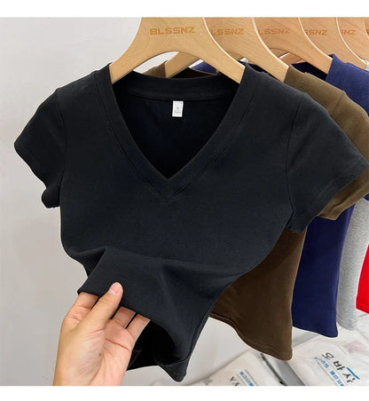 Summer Sexy V-neck Slim T Shirt Women Cotton Basic Solid Crop Tops Female Casual Tops Short Sleeve T-shirts 2026