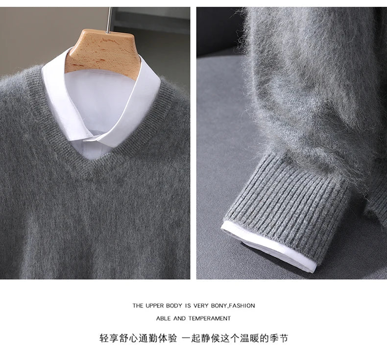 Men's 100% Pure Mink Cashmere Sweater V-neck Pullover Knit Bottoming Shirt Autumn And Winter New Long-Sleeve High-End Mink Tops