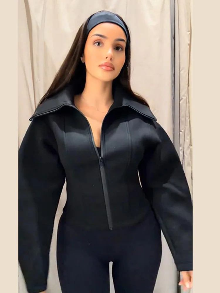 Women Black Jacket - Casual Long Sleeve Zipper Coat | Loose Fit Spring Outerwear