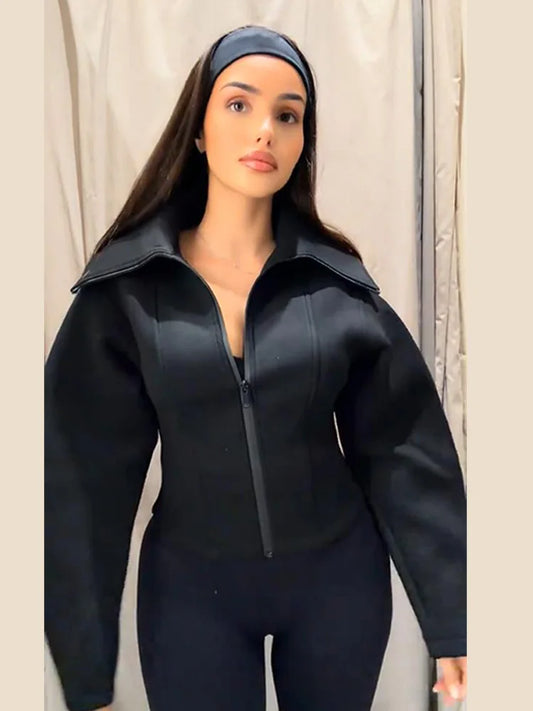 Women Black Jacket - Casual Long Sleeve Zipper Coat | Loose Fit Spring Outerwear