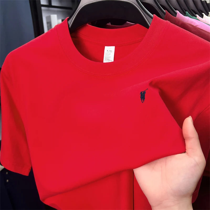 Xiaoma Embroidery Casual Pure Cotton Short Sleeved T-shirt for Young Men, Round Neck Solid Color T-shirt for Men