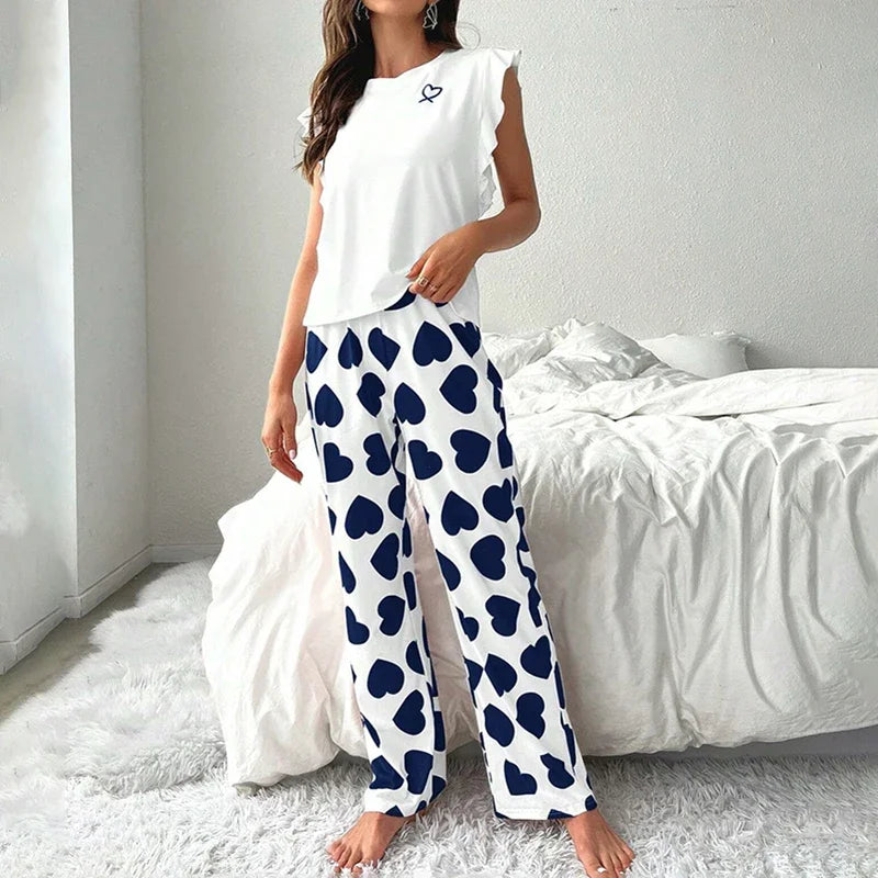 Spring Summer Heart Print Sleepwear Women Comfortable Pajamas Set Short Sleeve T-shirt with Pants Casual Homewear Loungewear