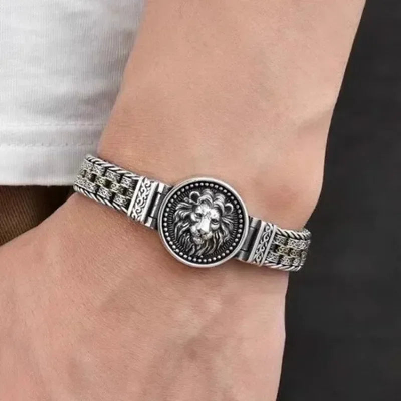 New Silver Color Round Lion King Tangcao Charm Bracelet Men's Trendy Retro Domineering Versatile Personalized Braided Jewelry