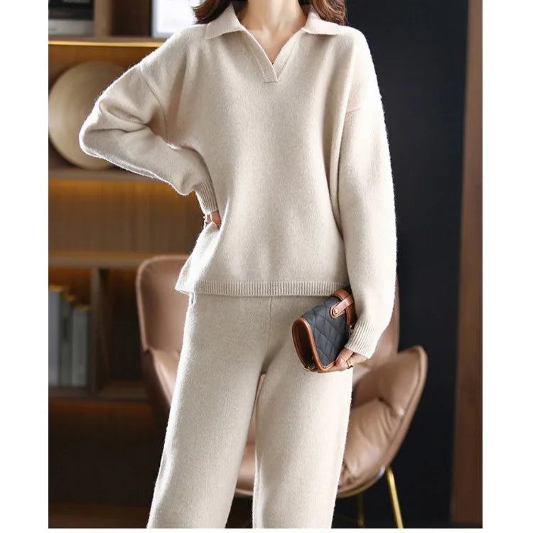 2 Pieces Set Women Oversize Tracksuit Polo Collar Sweater&Straight Pants Female Knitted Pullover Set Elegant Sweater Suit Women