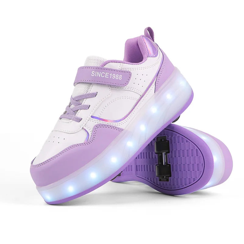 Roller Skate Shoes - Kids LED Light Sneakers With Hook & Loop Closure
