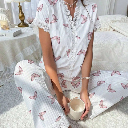 New Fashion Women's Pajamas Autumn and Winter Collar Lace Printed Shirt Trousers Homewear Homewear Homewear Lingerie