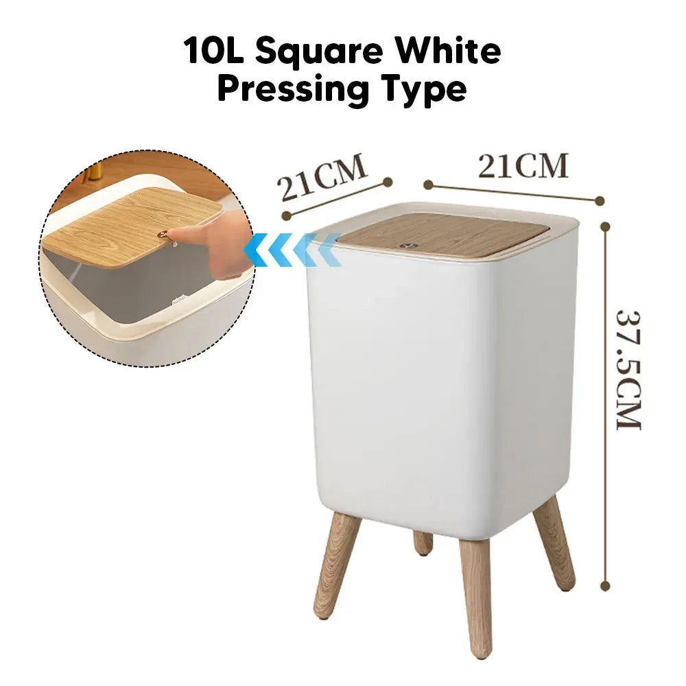Wooden High Foot Trash Can - Creative Bathroom  Kitchen Wastebin with Press Cover