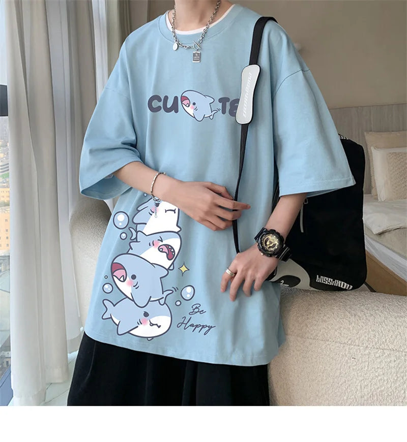 Men's Cotton T-shirts White Men Oversized T Shirt Anime Shark Print Summer Casual Wear 5XL Tee Shirts Big Size Male Clothes