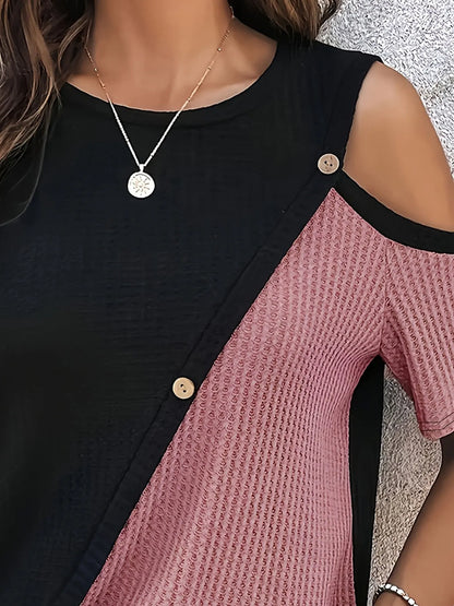 Plus Size T-Shirt - Women's Casual Tee With Button Detail | Loose Fit Patchwork