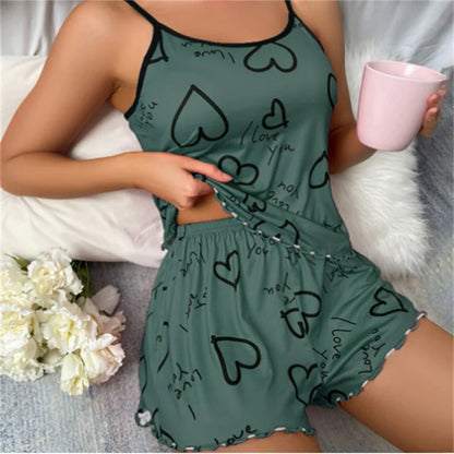 Women's Heart-Shaped Printed Pajamas Set Sexy Pajamas Silk Pleated Vest Shorts Set Soft and Comfortable Home Wear Sweet and Cute
