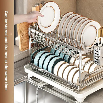 Dish Drying Rack - 2 Tier Stainless Steel Over Sink Shelf with Utensil Holder