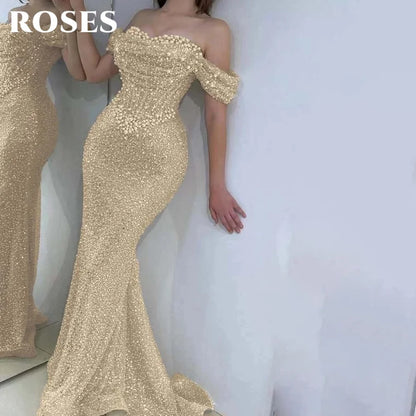 Prom Dress Off Shoulder - Custom Mermaid Trumpet Gown With Pearls & Sequins