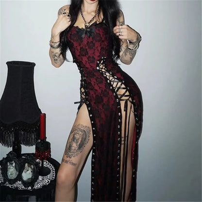 Goth Dark Women Partywear Mall Gothic Lace Patchwork Straps Dresses Y2K Coquette Gown Mall Gothic Slim Bandage Split Hem Dress