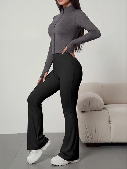 European American Women Ribbed Knit Two Piece Set, Long Sleeve Zip Top With High Waist Flare Pants, Casual Slim Daily Outfit