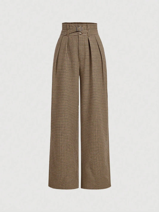 Women's plaid wide-leg trousers, retro high-waisted casual trousers, cargo style trousers with belt