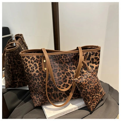 Leopard Print Tote Bag - Women's PU Leather Large Capacity Casual Travel Purse
