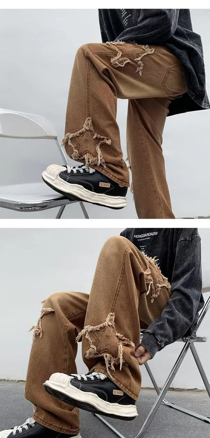 2025 New Fashion Stars Towel Embroidery Brown Men Jeans Pants Y2K Clothes Straight Hip Hop Cotton Trousers Pantalon Homme