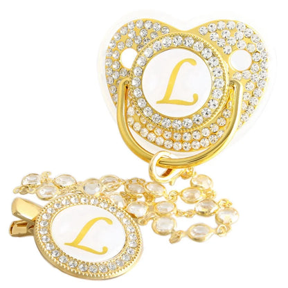 Golden Baby Pacifier With Diamond Chain Clip – Silicone, Rhinestone, Latex Free
