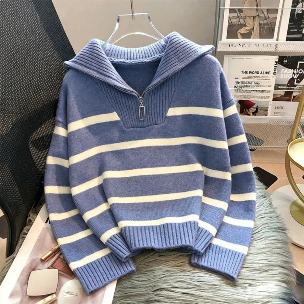 Short Length Striped Sweater Thick Knit Half Zip Design Half Zip Pullover Ribbed Collar Striped Pattern Casual Inner Wear