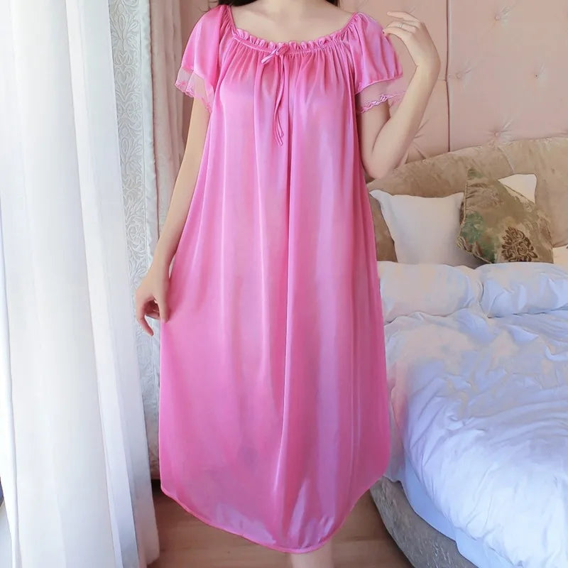 Ice Silk Lace Long Sleepwear V-neck Sleepwear Set Nightdress Homewear Nightwear Pyjamas Female  Nightgown Loose Plus Size