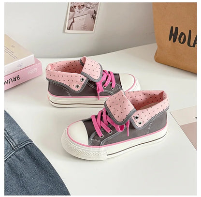 Women's High Top Platform Canvas Sneakers Polka Dot Foldable Collar Lace Up Breathable Korean Style Casual Shoes Fall 2026