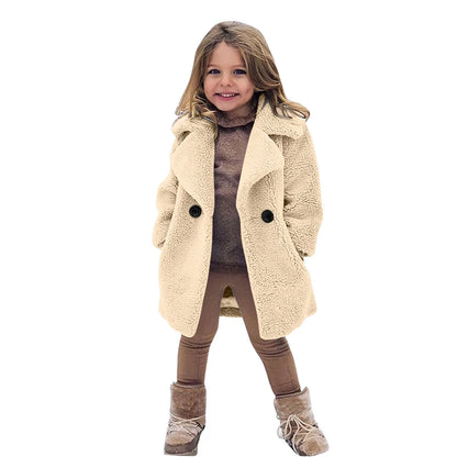 Lamb Fleece Girls Jacket Autumn Winter New Girls Long Style Solid Color Thick Warm Lapel Windbreaker For 2-6Y Girls Overcoat