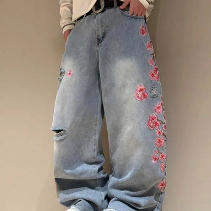 Cherry Blossom Selvedge Embroidery Denim Pants Y2K Retro Men Casual Baggy Straight Wide Leg Jeans High Quality Hiphop Streetwear