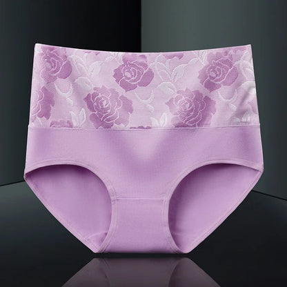 Plus Size L-5XL Women's Briefs Underwear Cotton High Waist Tummy Control Panties Rose Jacquard Ladies Panty Multipack