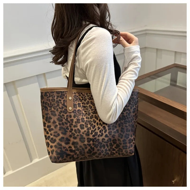 Leopard Print Tote Bag - Women's PU Leather Large Capacity Casual Travel Purse
