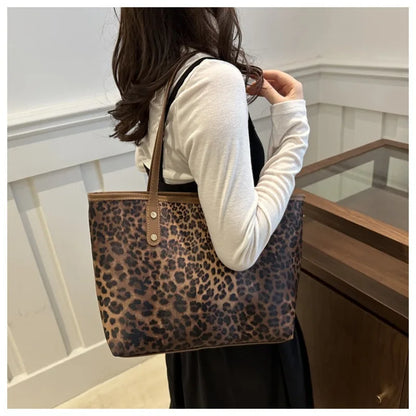 Leopard Print Tote Bag - Women's PU Leather Large Capacity Casual Travel Purse