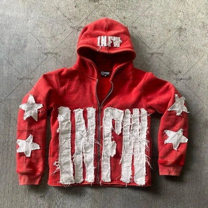 Autumn And Winter Hoodie Patchwork Letter Star Pattern Long Sleeved Pullover Hoodie Harajuku Fashionable Loose Versatile Jackets